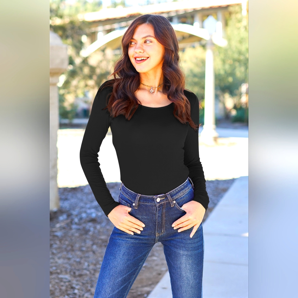Basic Bae Designer Black Full Size Round Scoop Neck Long Sleeve Bodysuit